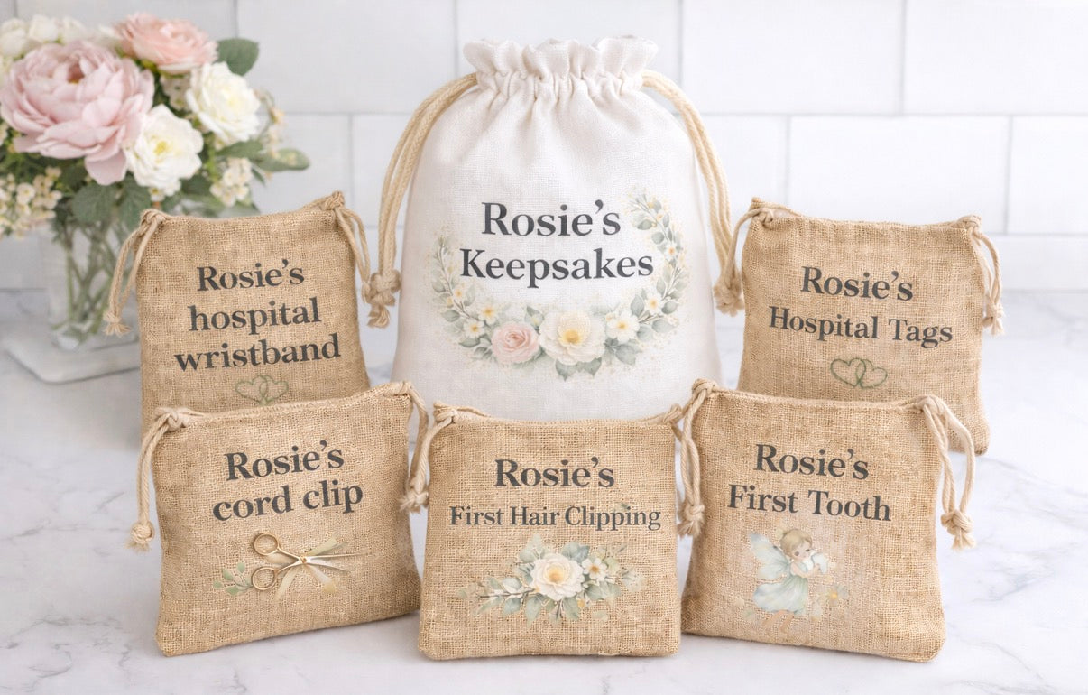 Tiny Treasures Keepsake Set | Personalised Baby Memory Pouch Bundle | Baby Milestone Keepsake Bags