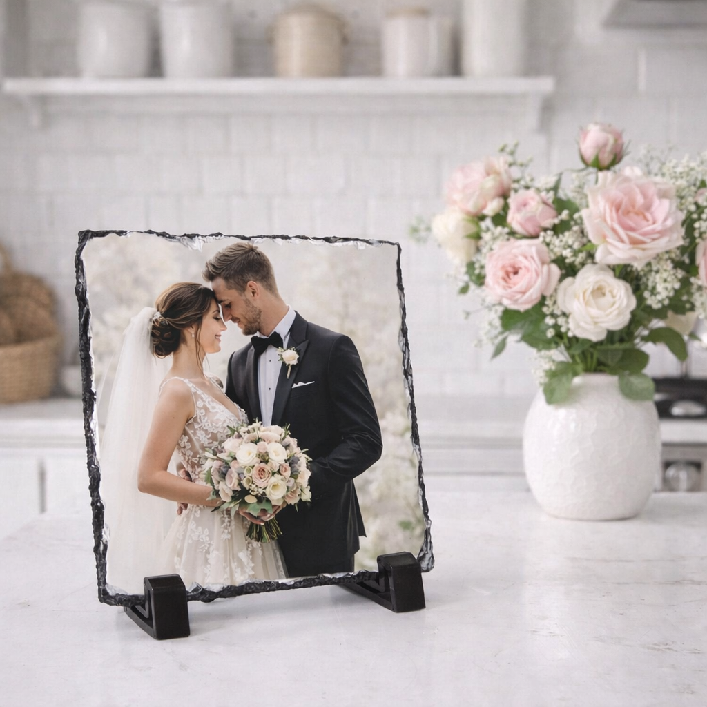 Personalised Square Rock Photo Slate (14x14cm) – Matte Finish with Display Stands