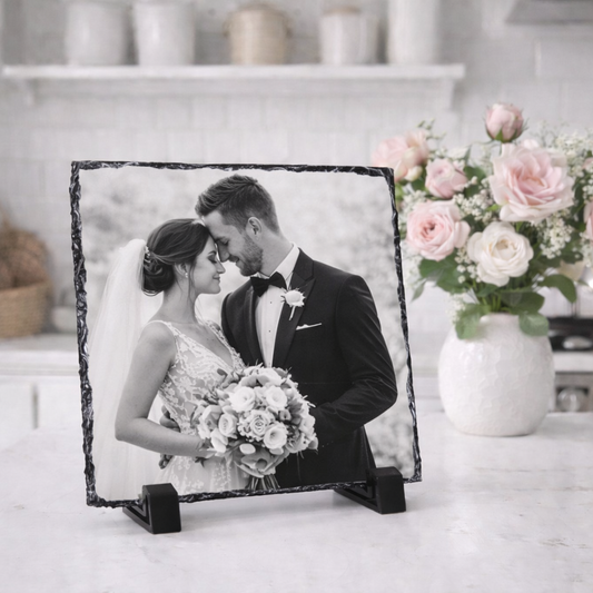 Personalised Black & White Square Rock Photo Slate (14x14cm) – Matte Finish with Display Stands