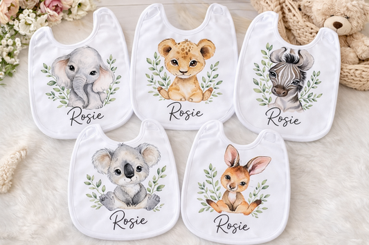 Personalised Baby Bib Set | Custom Name Baby Bib | Safari Animal Bib | Newborn Gift | Baby Shower Gift | Personalised Baby Clothes | 2 Pack Bibs