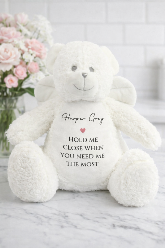 Personalised Angel Bear Keepsake – Custom Baby Name Teddy – Memorial Gift – “Hold Me Close When You Need Me The Most” – Baby Loss Gift
